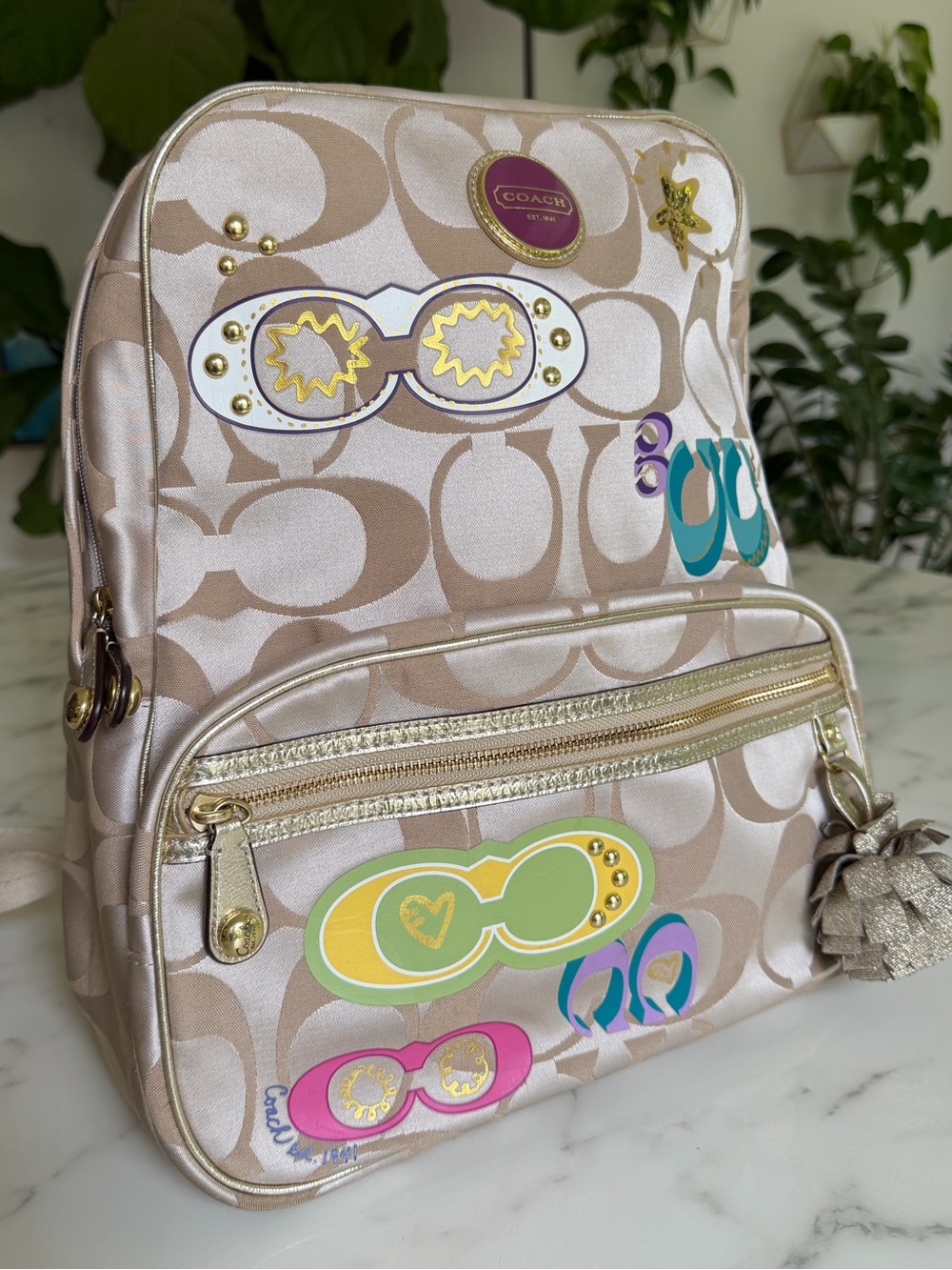 Coach Poppy Signature Graffiti Appliqué Backpack & Wallet Set Khaki Gold Multi - Picture 3 of 16